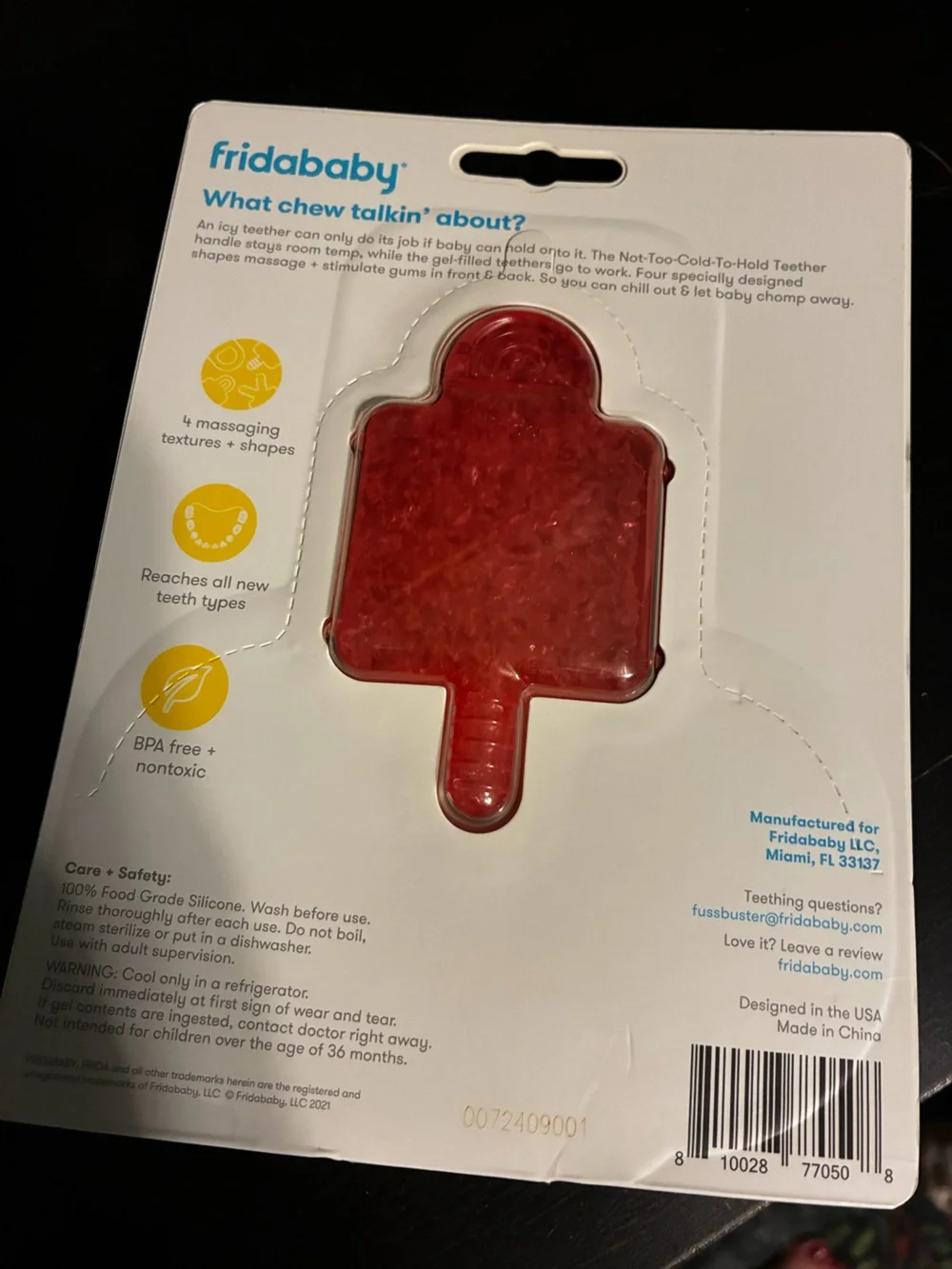 fridababy Not-Too-Cold-To-Hold Teether - White Handle with Red & Yellow Inserts